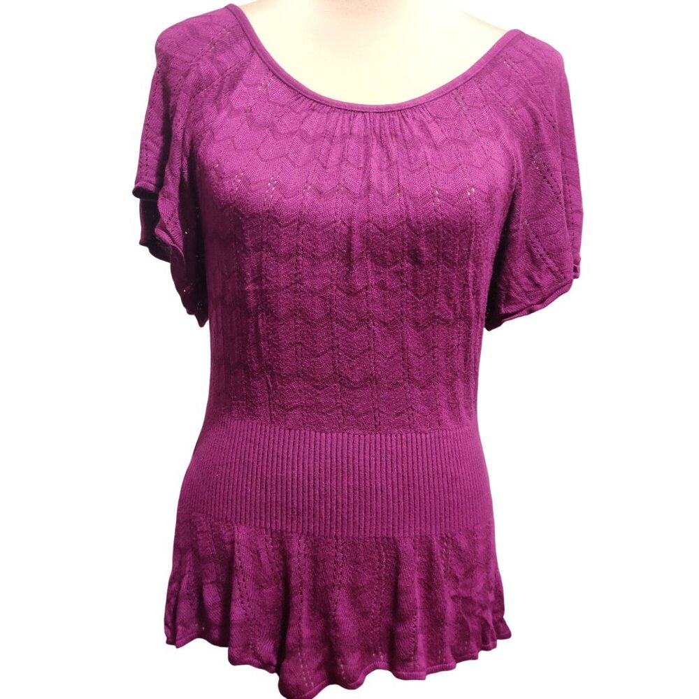 Twenty one Womens Blouse Knit Chic Flutter Short Sleeve Peplum Top Fuchsia Sz S